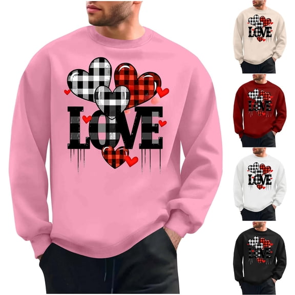 BVOFAR Valentines Shirts for Men Long Sleeve Plaid Sweatshirts Love Heart Graphic Sweatshirt Oversized Pullover