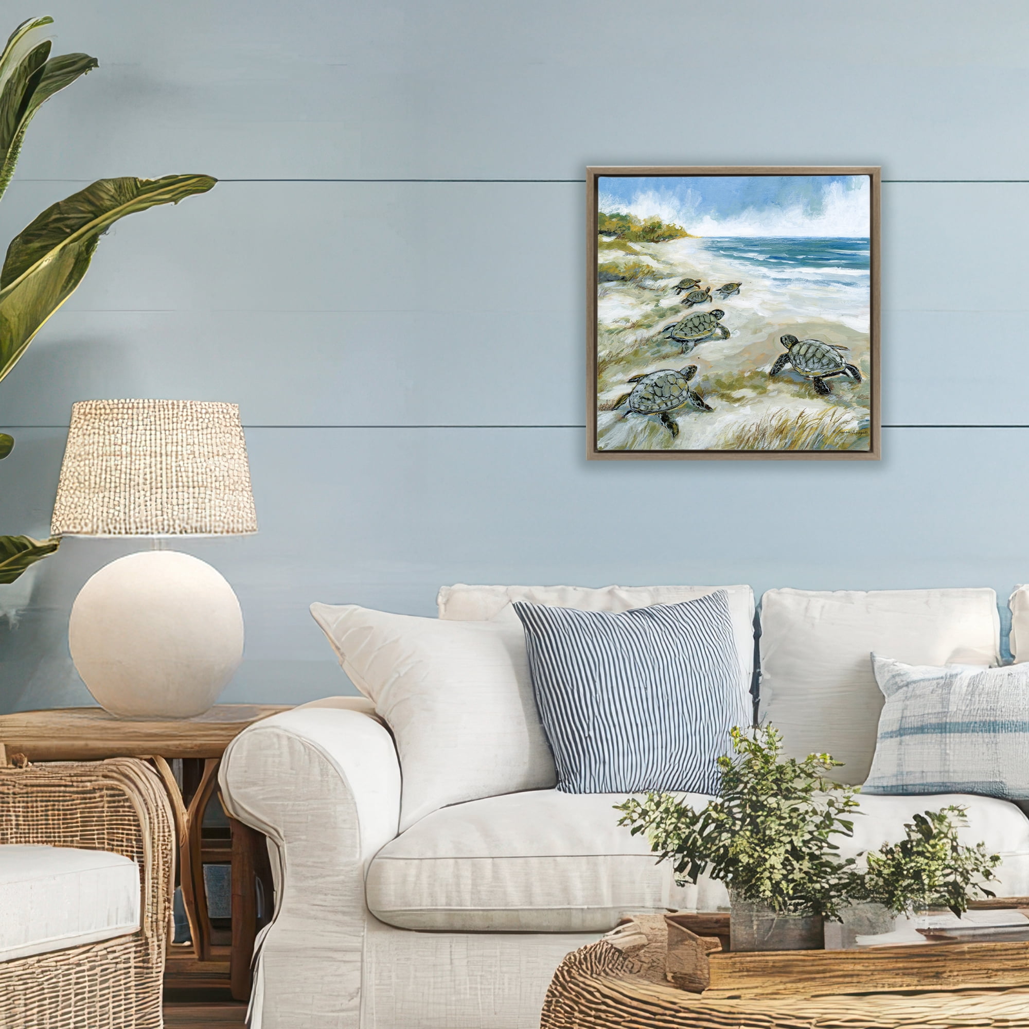Stupell Industries Baby Sea Turtles on Beach Brown Framed Floater Canvas Wall Art, design by Susan Winget