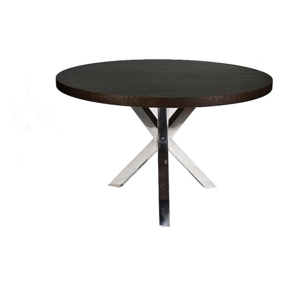 Emi 47 Inch Round Dining Table, X- Cross Brushed Steel, Dark Brown Wood