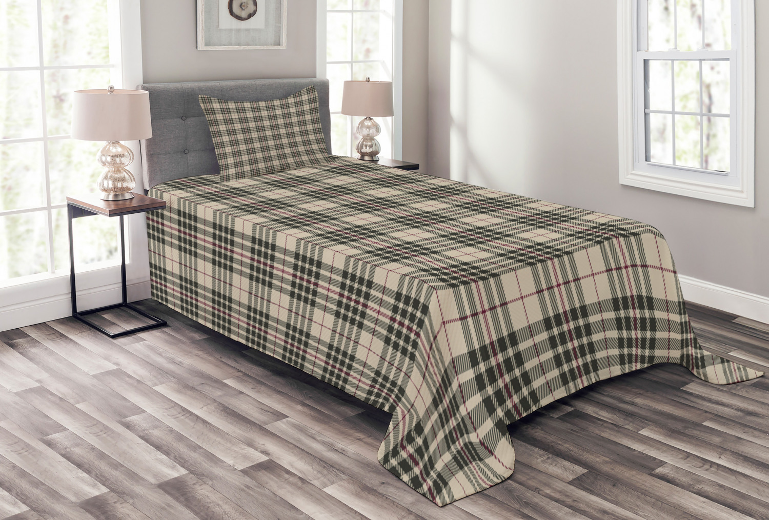 Abstract Bedspread Set Twin Size, Traditional Tartan Pattern British