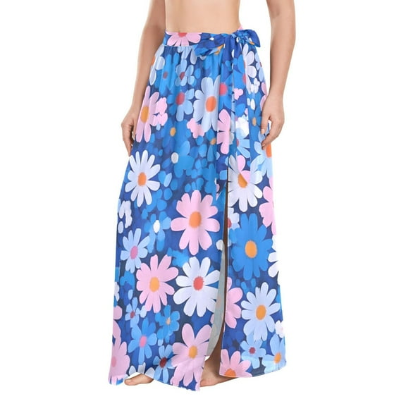 FORMRS Womens Long Sarong Beach Wrap Semi-Sheer Bikini Skirt Bathing Swimsuit Cover Up, Blue Daisy