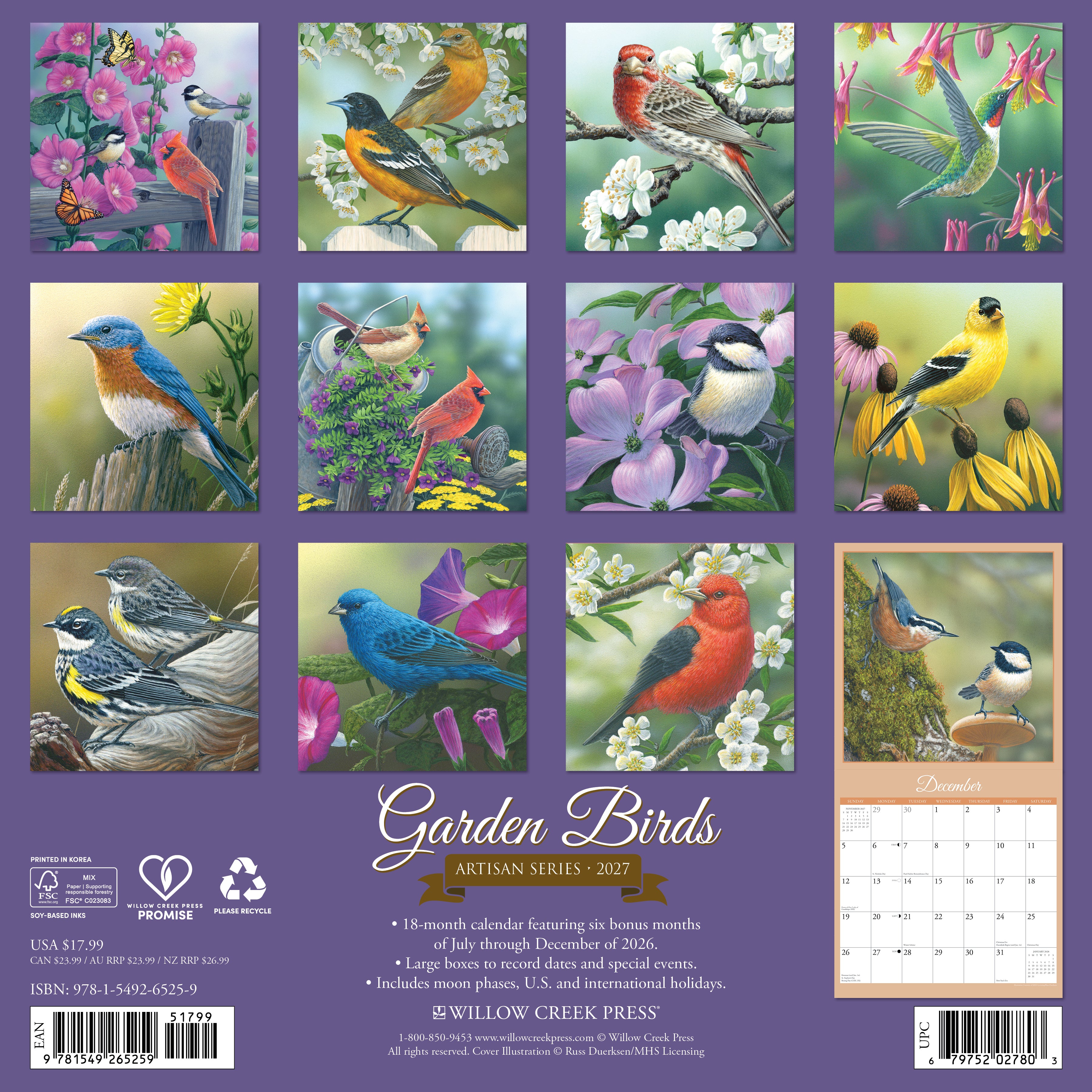 Willow Creek Press, Garden Birds - Artisan Series 2027 Wall Calendar