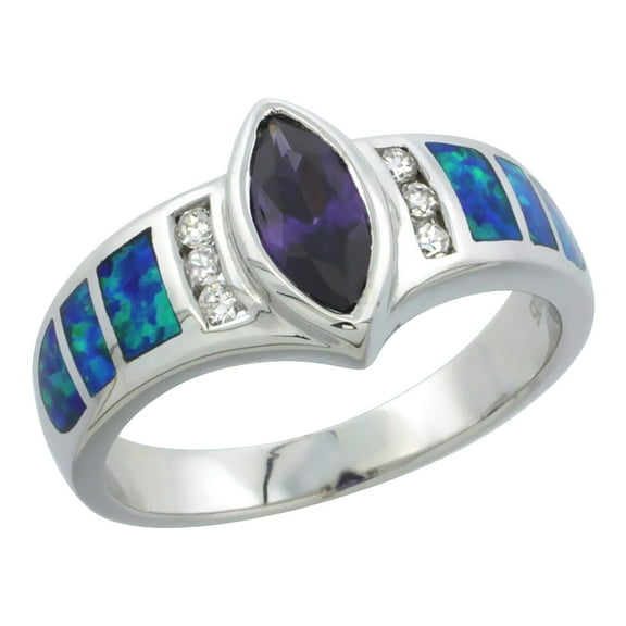 925 Sterling Silver Synthetic Blue Opal CZ Marquise Amethyst Ring 6mm