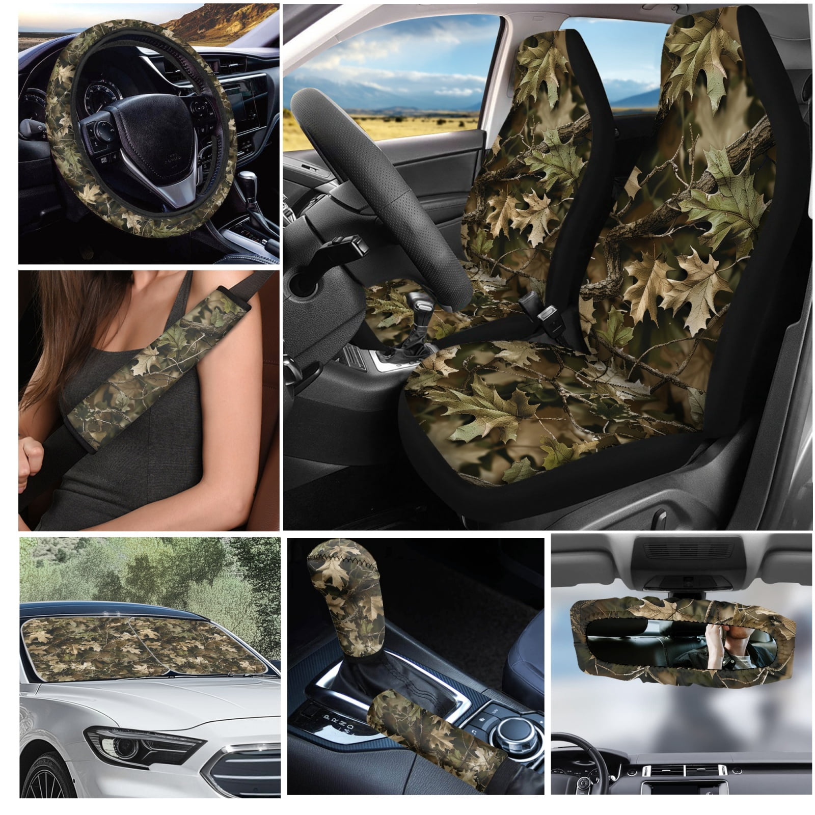 Yuyamidu Camo Hunting Car Seat Cover Set 16 PCS Wood Steering Wheel Cover Seat Belt Cushion Pad Gear Shift Hand Brake Cover Rearview Mirror Cover Coasters Keychain Sun Shade for SUV Van Truck