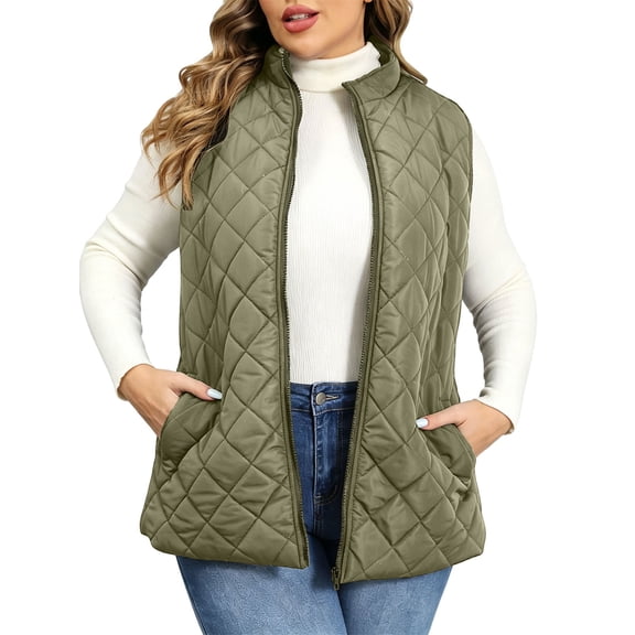 Plus Size Vest for Women Baeitkot Lightweight Quilted Zip Front Sleeveless Jacket with Pockets Casual Streetwear Army Green XXXL