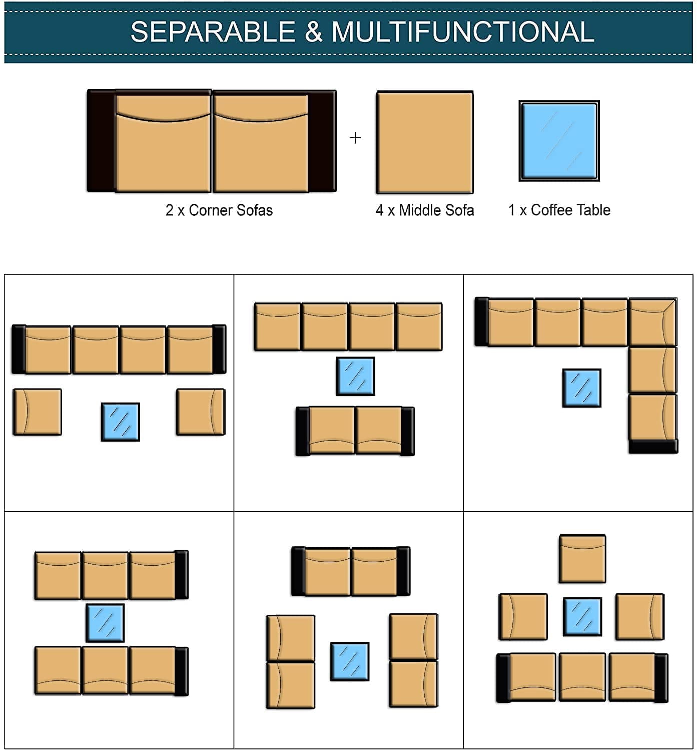 Kullavik Patio Furniture Set 7 Pieces Sectional Sofa PE Rattan Wicker Outdoor Furniture Set Patio Conversation Set with Tempered Glass Table and Cushion,Blue