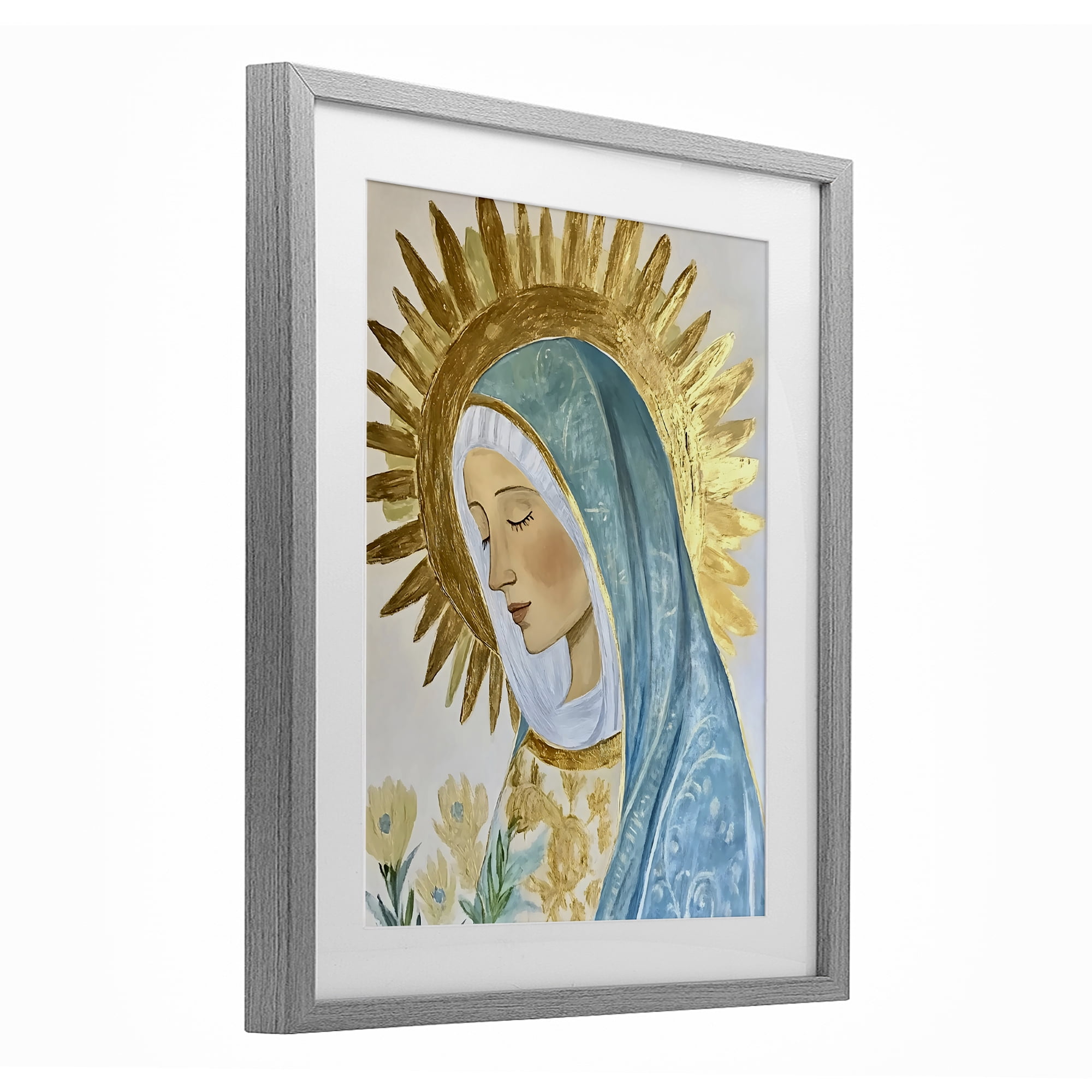 Holy Mary In Gold Gray Framed Print Under Glass, design by Franklyn Gregory