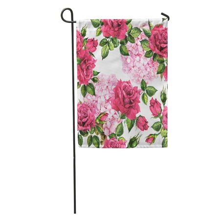 SIDONKU Pink Romantic Bloom Hydrangea and Red Roses Flowers Summer Floral Garden Flag Decorative Flag House Banner 28x40 inch