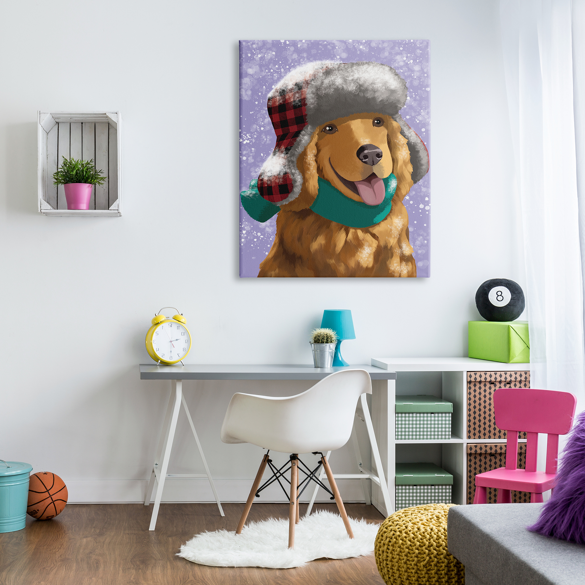 Stupell Industries Happy Golden Retriever in Winter Snow Hat Animals & Insects Painting Gallery Wrapped Canvas Print Wall Art, 36 x 48