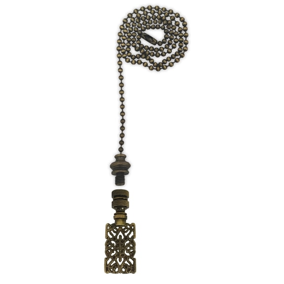 Royal Designs Fan Pull Chain with Rectangle Center Cross Filigree Finial – Antique Brass
