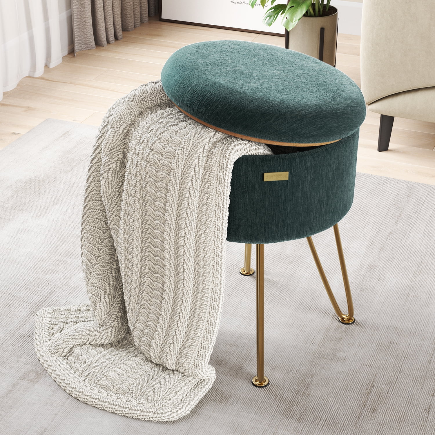 LammaLoe Small Round Ottoman with Storage, Textured Velvet Ottoman Foot Stool with Lid, Upholstered Vanity Stool for Living Room & Bedroom, Green