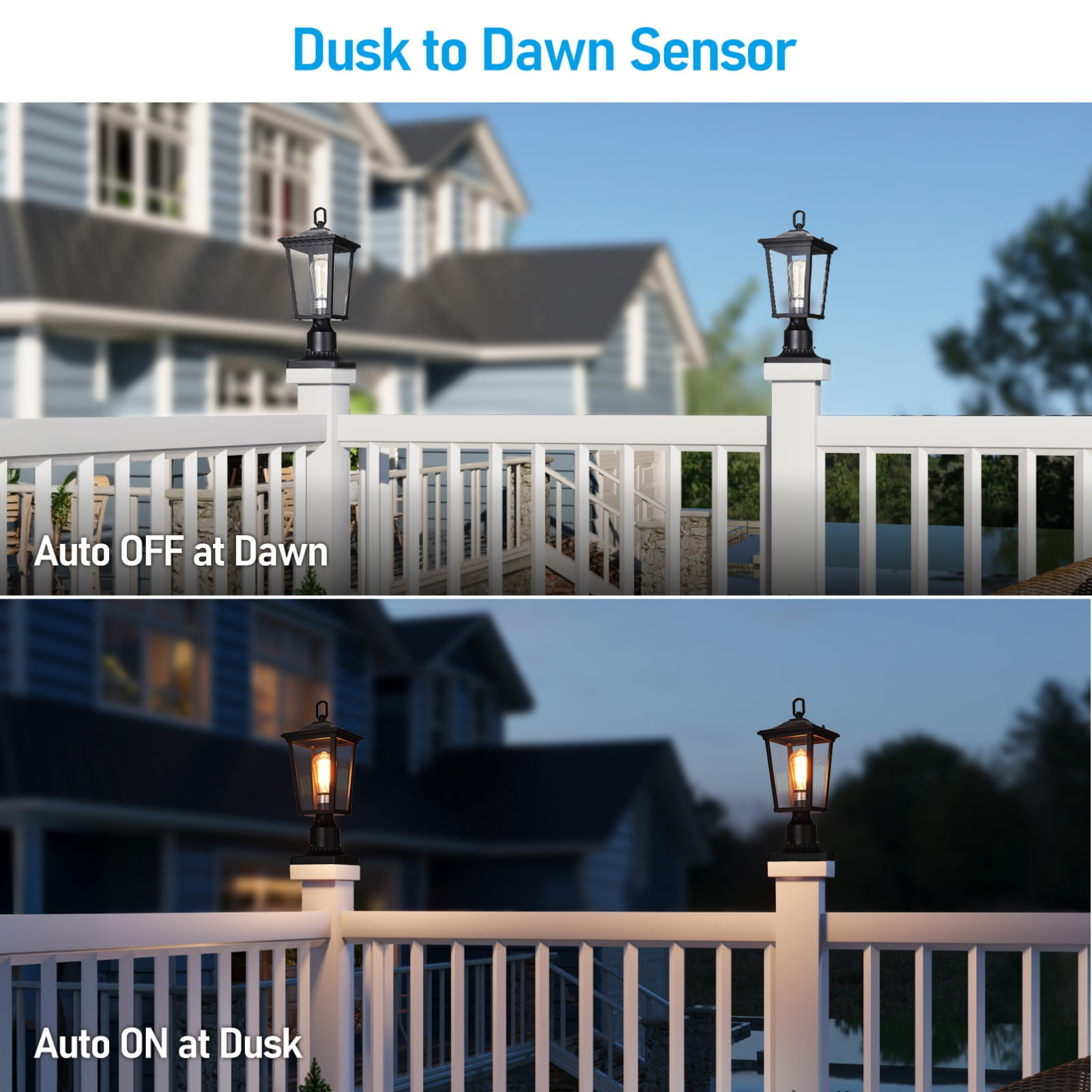 2 Pack Dusk to Dawn Outdoor Post Lantern, 17 Inch Pillar Light with Pier Mount Base, Rectangular Clear Glass Exterior Post Light for Patio, E26 Base, Black