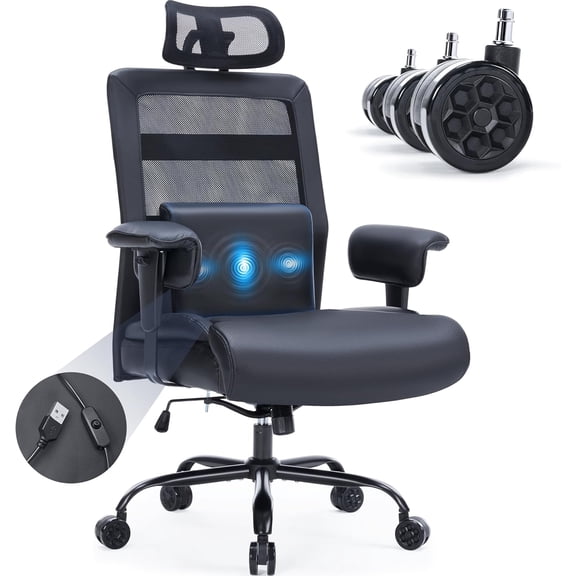 Sunchen Massage Big and Tall Office Chair 500lbs,  Desk Chair with Extra Wide Seat Large Wheels, Heavy Duty Executive Office Chair, Mesh High Back Computer Chairs with Lumbar Support, Black