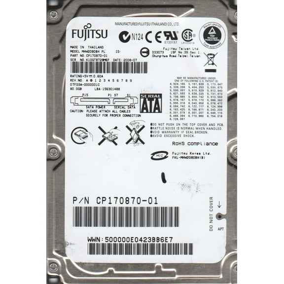 MHW2080BH PL, PN CP170870-01, Fujitsu 80GB SATA 2.5 Hard Drive