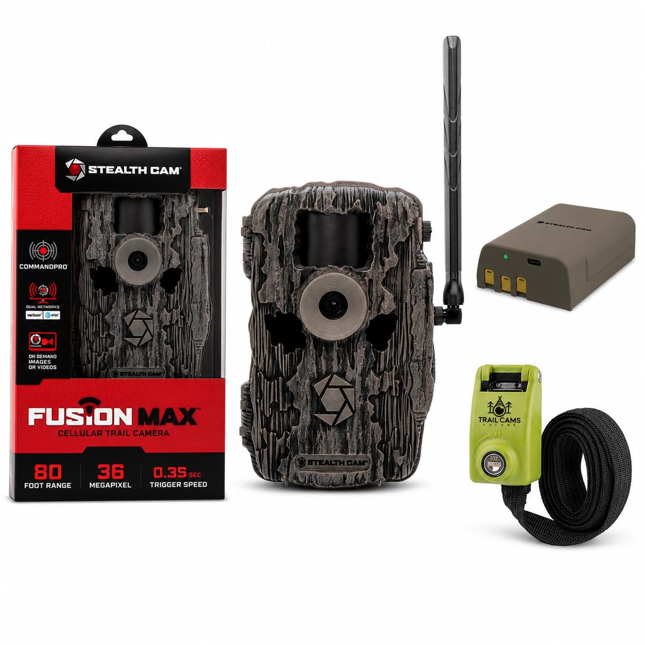 Stealth Cam Fusion MAX Dual Sim 36MP Photo & 1080P HD Video 0.35 Sec Trigger Speed App-Controlled Hunting Cellular Trail Camera AT&T & Verizon Lithium Battery and Six Foot Steel Strap