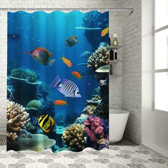 BCIIG Corals Fish Aquarium Bathroom Decor Set with Hooks, Colorful Luxurious Graphic Print Polyester Fabric Shower Curtain Set 36"x72