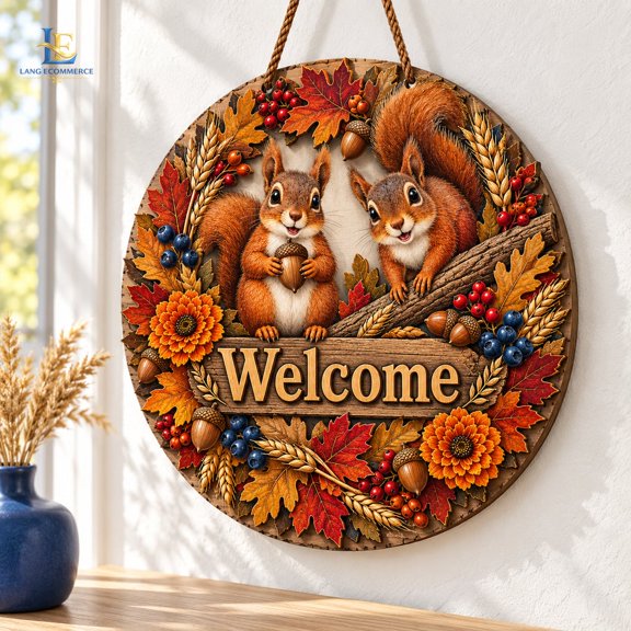 Fall Squirrel Wreath Autumn Welcome Wooden Door Hanger Rustic Front Door Decor for Home