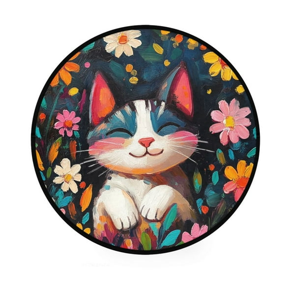BZSMCE Round Decorative Floor Mat Colorful Cat Surrounded by Flowers Pattern 36.2IN