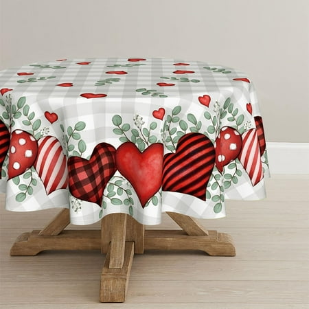 

Valentine s Day Tablecloth 60×60 Inch Round Buffalo Plaid Red Love Hearts Washable Table Cover for Party Picnic Dinner Decor