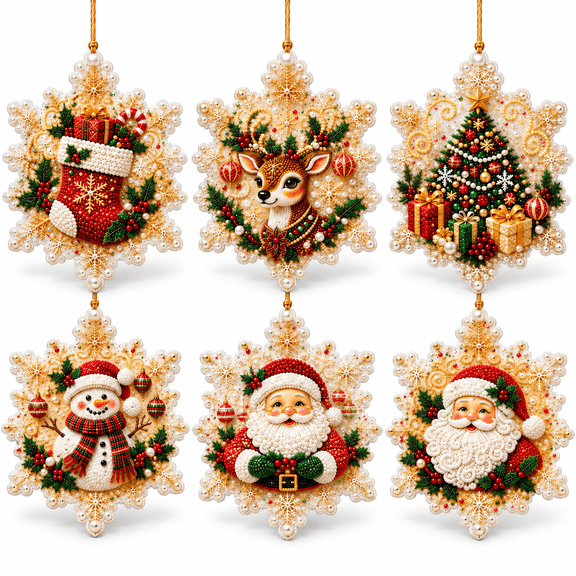 Christmas Snowflake Hanging Ornament Kit, 6 pcs Acrylic DIY Diamond Art Decorations with Hanging Cords for Tree and Holiday Home Display