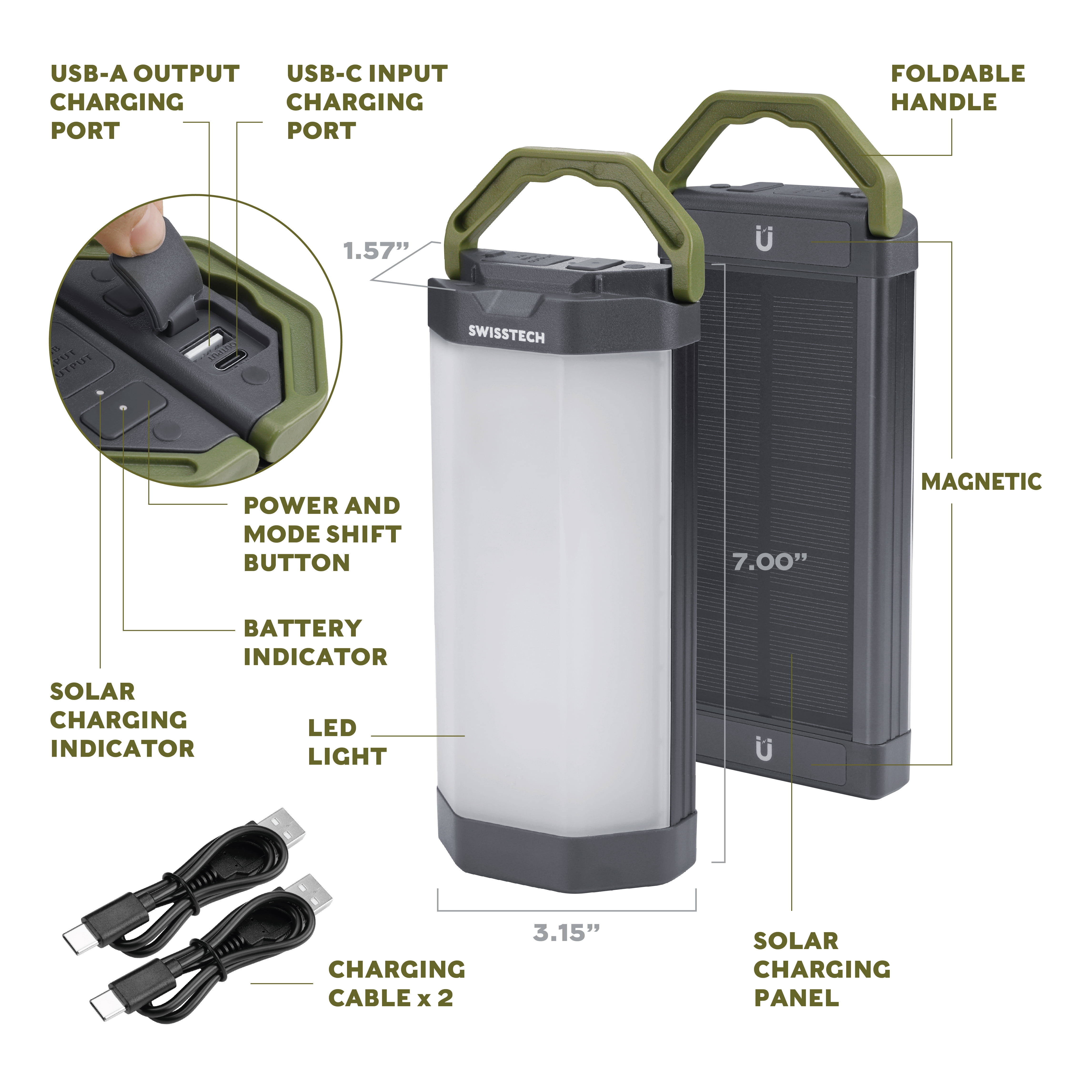 Swiss Tech 2000 Lumen Zweilen 2-Pack Solar Rechargeable Magnetic Lanterns, IP54 Weatherproof, 4 Modes and 72 Hour Battery Life