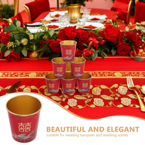50Pcs Red Foil Wedding Disposable Paper Cups for Hot Drinks, Elegant Chinese-Style Tea Cups for Engagement Party and Banquet