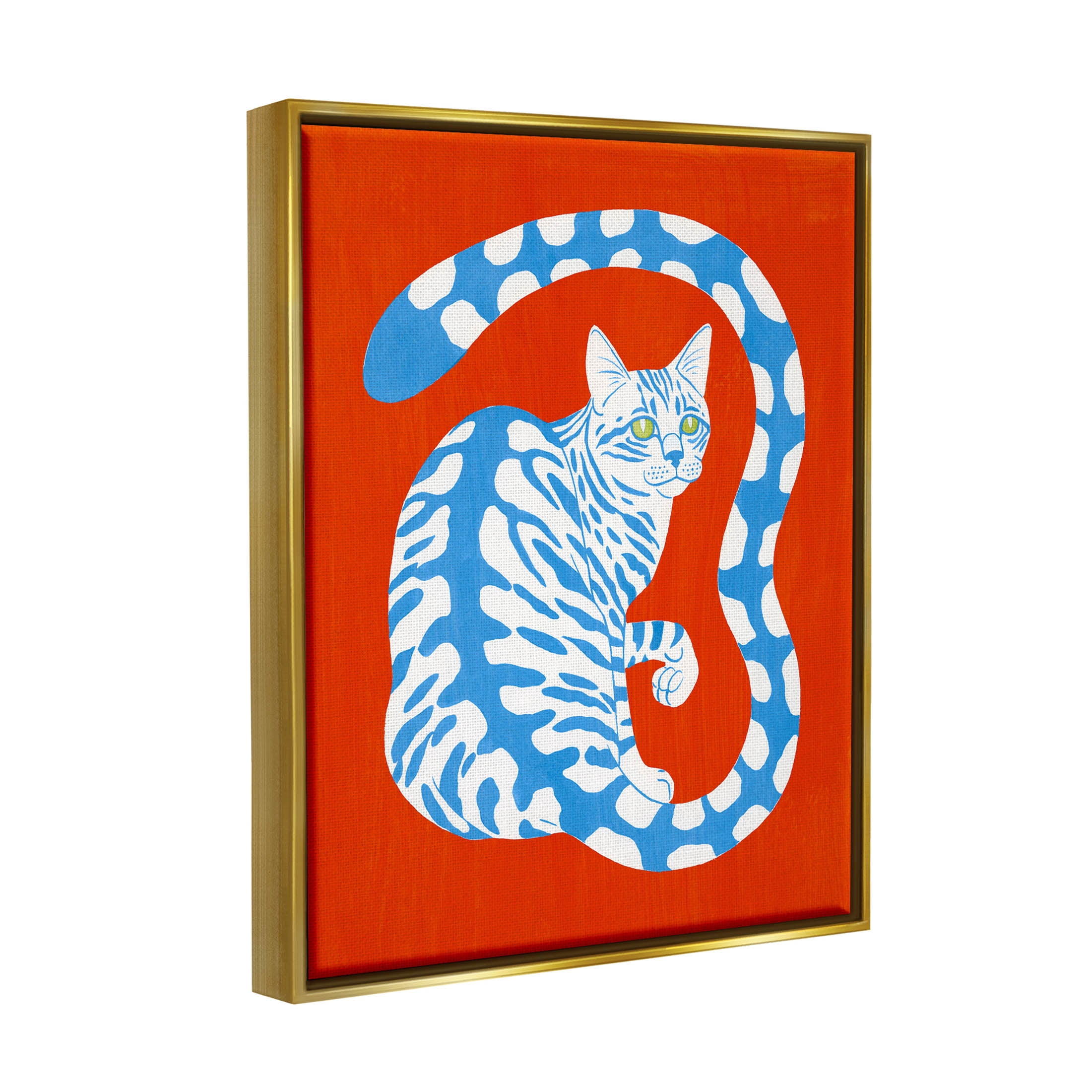 Stupell Industries Bold Blue Striped Curved Cat Tail Graphic Art Metallic Gold Floating Framed Canvas Print Wall Art, Design by Grace Popp