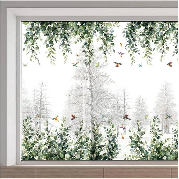 Large Hanging Window Clings - 45.6x11.8 Inch Green Leaves & Spring Bird Flower Decals - Removable Reusable Window Film for DIY