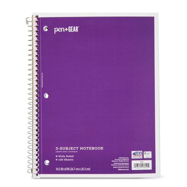 Pen + Gear 3Subject Spiral Notebook, Wide Ruled, 120 Pages, Purple