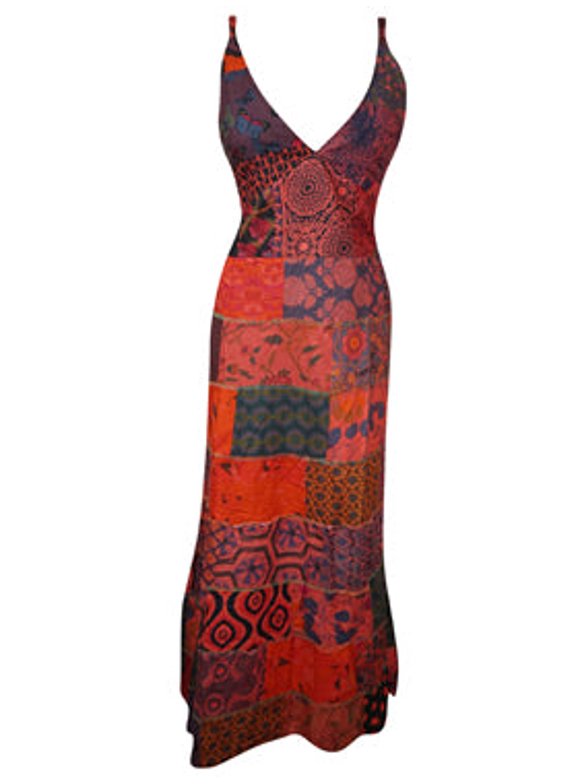 Mogul Womens Patchwork Strap Maxi Dress Red Cotton Prints Long Dresses S/M
