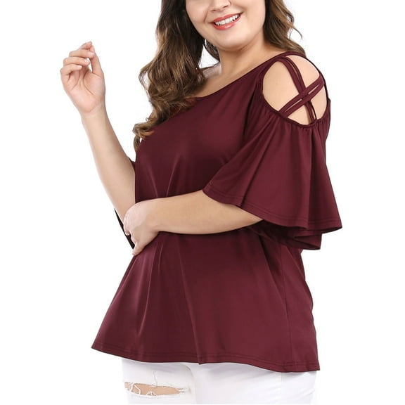Agnes Orinda Women's Plus Size Summer Strappy Cold Shoulder Trumpet Sleeve Blouse 4X Red