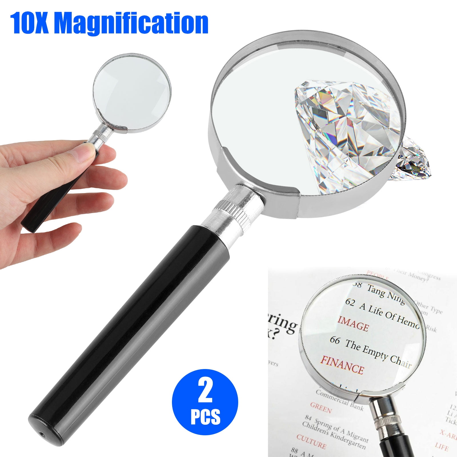 TSV 2Pcs Magnifying Glass, 10X Handheld Reading Magnifier, Crystal