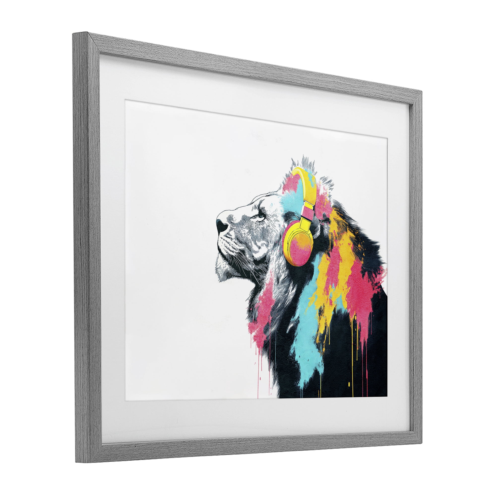 Stupell Industries Lion On Air Headphones Gray Framed Print Under Glass, design by Svetlana Aleynikova