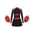 thumbnail image 2 of iiniim Kids Girls Rhinestones Long Sleeve Cheerleading Dress with Pom Pom Cheer Leader Dancewear A Black&Red 10, 2 of 7