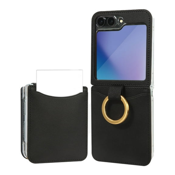 Z Flip 5 Case, Leather Case with Card Pocket and Ring Grip