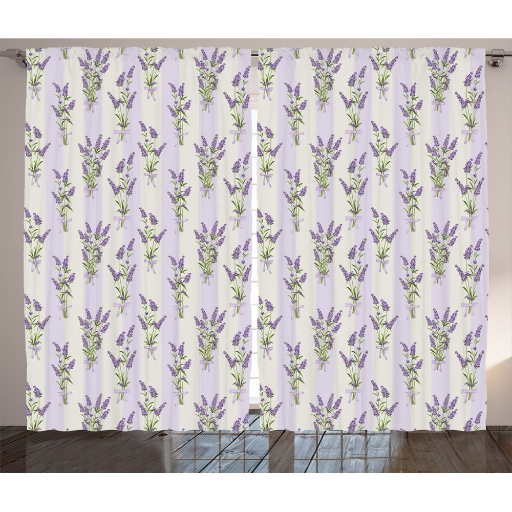 Lavender Curtains 2 Panels Set, Stripes and Flowers with Ribbons