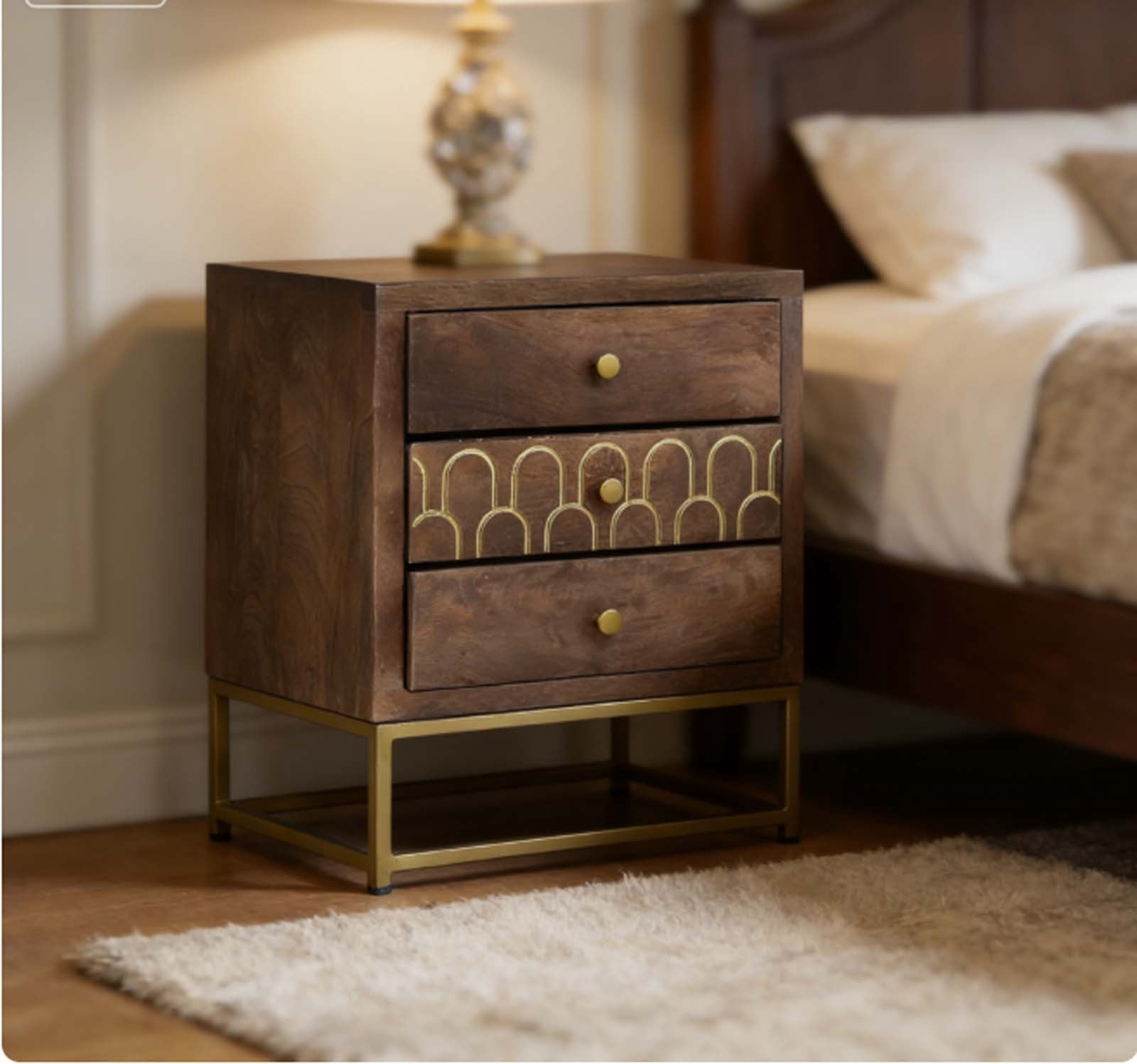 Saltoro Sherpi 3 Drawer Wooden Nightstand for Bedroom with Marble