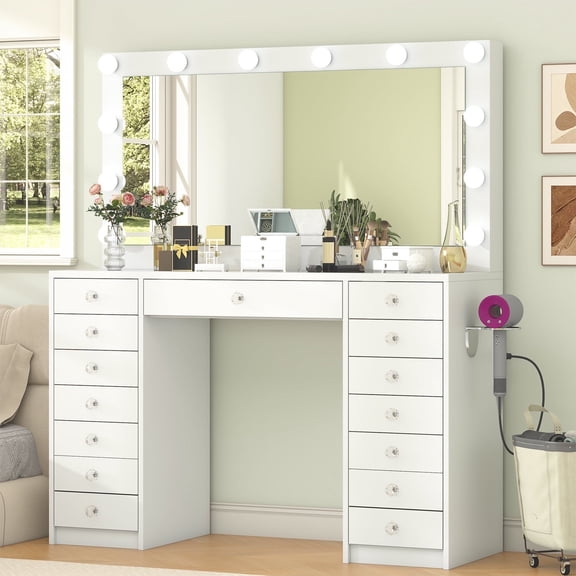 Winkalon Vanity Desk with Mirror and LED Lights, Makeup Vanity with 15 Drawers, Vanity Table with Power Outlet for Bedroom Dressing Room, White