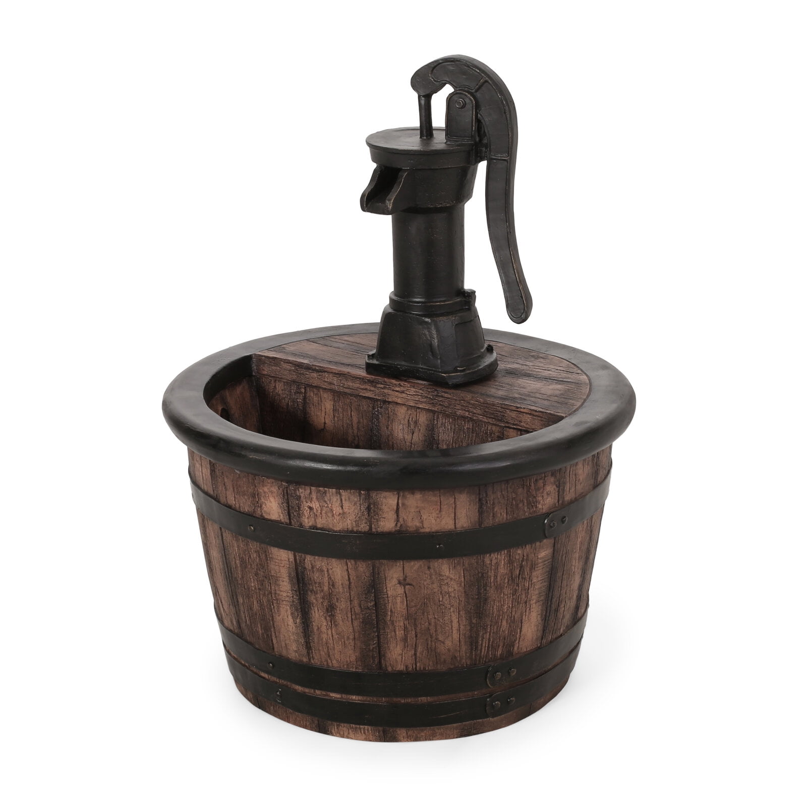 Hand Crafted Outdoor Floor Fountain with LED Lights Weather Resistant Barrel Design Waterfall Flow for Garden Patio Decor