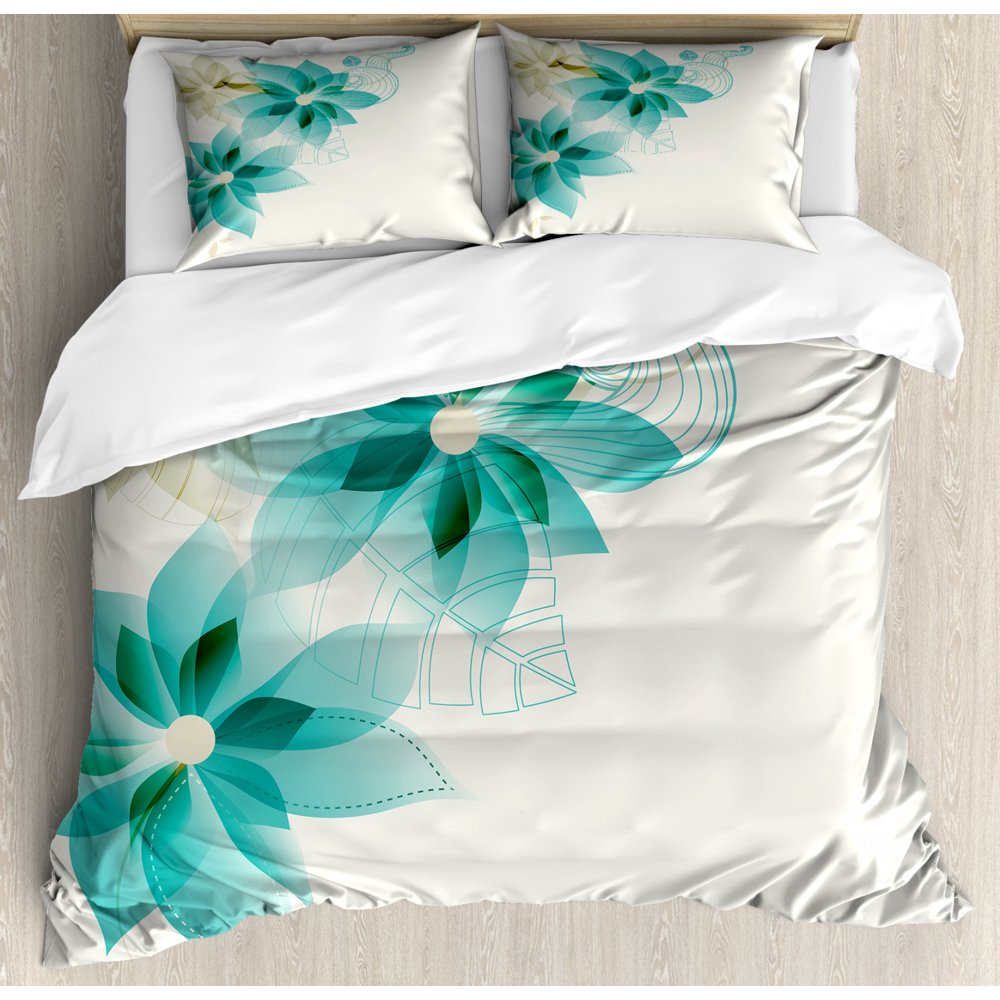 Teal Duvet Cover Set King Size, Vintage Inspired Floral Design with