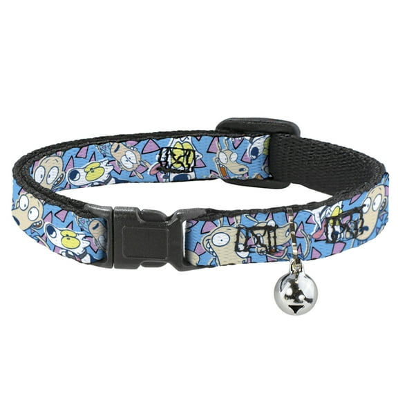 Ren and Stimpy Breakaway Cat Collar With Bell, Plastic Clip, Easy Adjustable, Rocko Spunky Scattered Expressions Triangles Blue Lavender, 8.5 to 12 Inches 0.5 Inch Wide