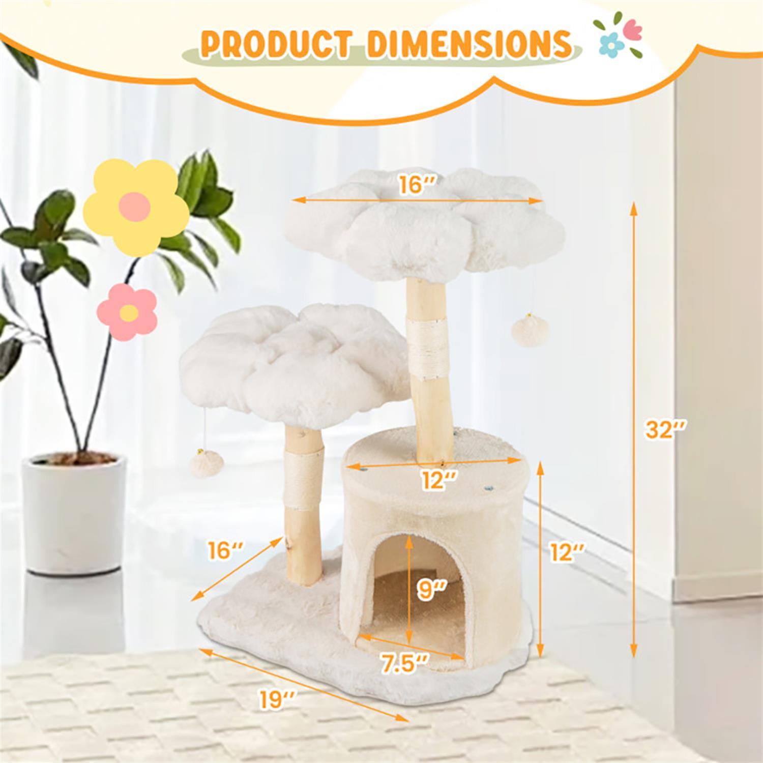 resenkos 32" Cat Tree Tower with Natural Branch for Indoor Cats, Cute Plush Cat Tree House with Scratching Posts and Dangling Ball, Beige