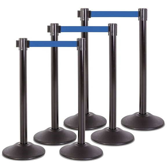 US Weight Heavy Duty Premium Steel Stanchion with 7.5-Foot Retractable Blue Belt (Pack of 6)