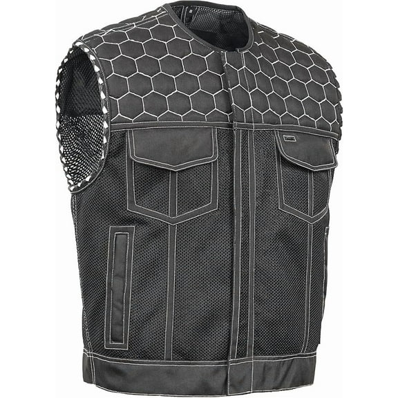 Daniel Smart Men’s Textile Motorcycle Vest – Black Biker Vest with Leather Trim, Quilted Chest, Mesh Lining & Multi-Pocket Storage