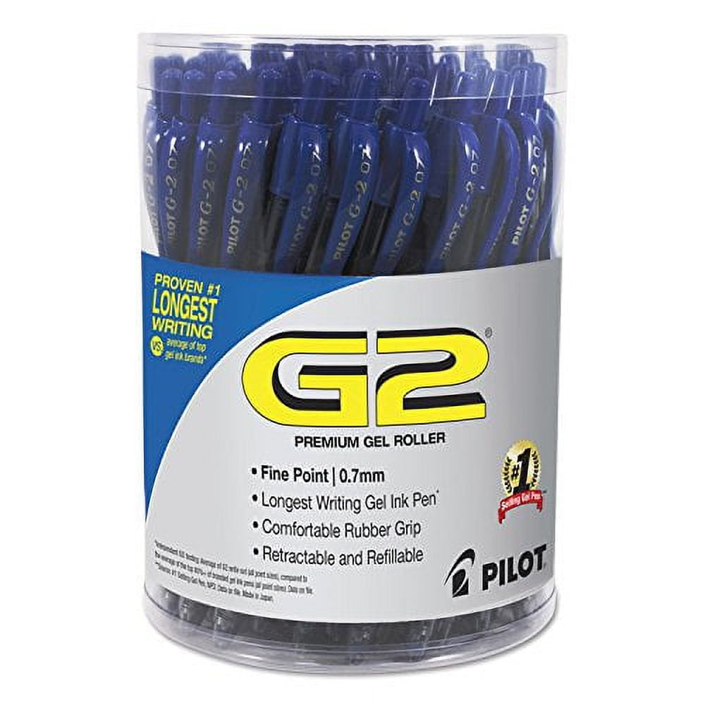 Pilot G2 Retractable Gel Pen, Fine Point, 0.7mm, Clear Barrels, Blue Ink, Tub Of 36 Pens