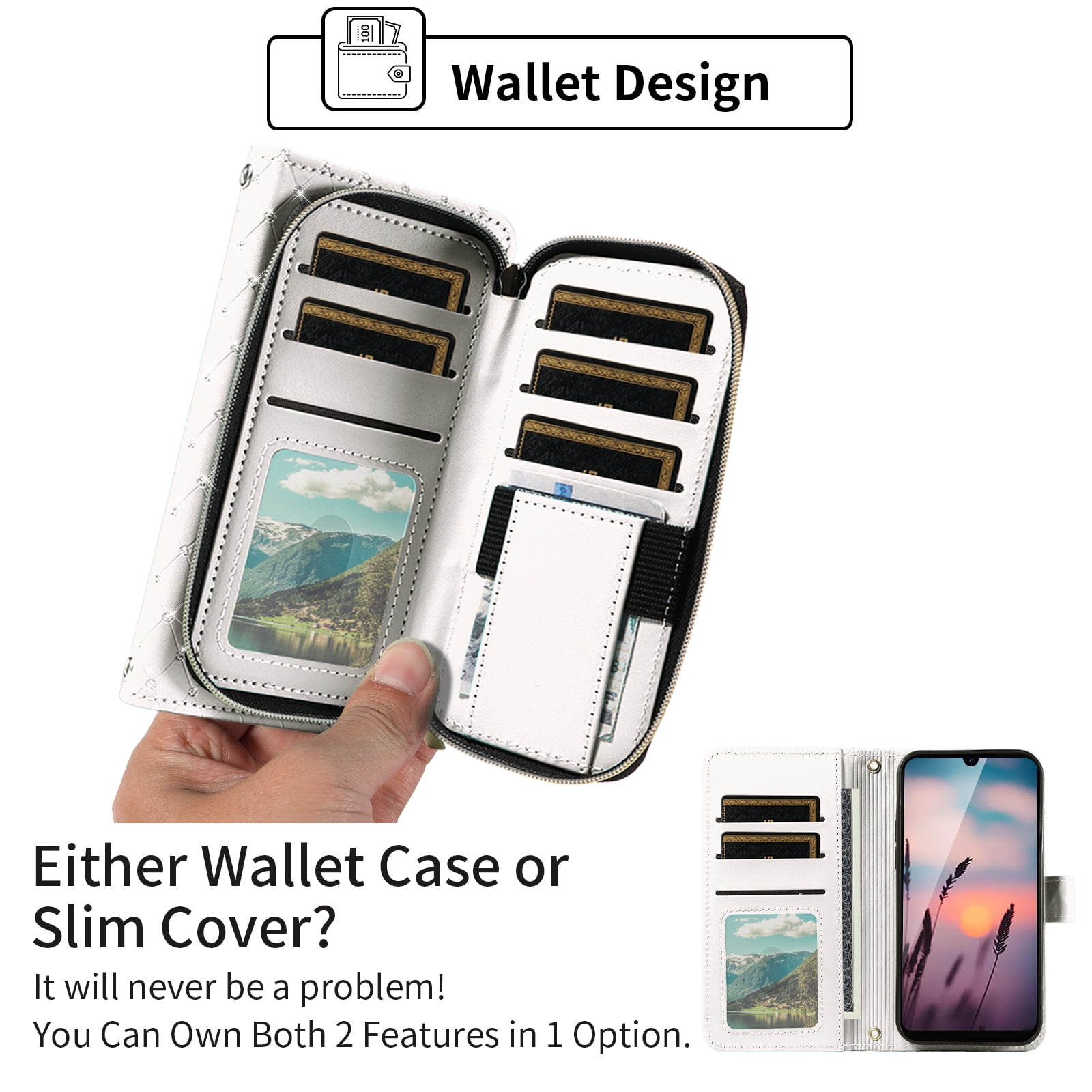 Compatible with Cricket Debut S2 U380AC/AT&T Calypso 4 U380AA Wallet Phone Case Tempered Glass Screen Protector Bling Crossbody Lanyard Strap Flip Zipper Purse Card Holder Cell Cover for Women White