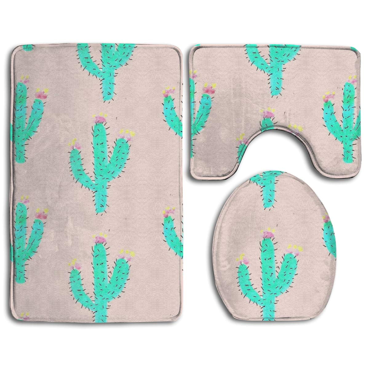 GOHAO Mint Green Cactus Succulents Pink 3 Piece Bathroom Rugs Set Bath