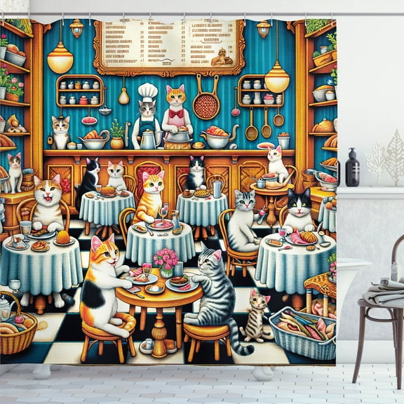 Ambesonne Cat Shower Curtain, Whimsical Restaurant Pixel Art, 69"Wx70"L, Sea Blue and Marigold