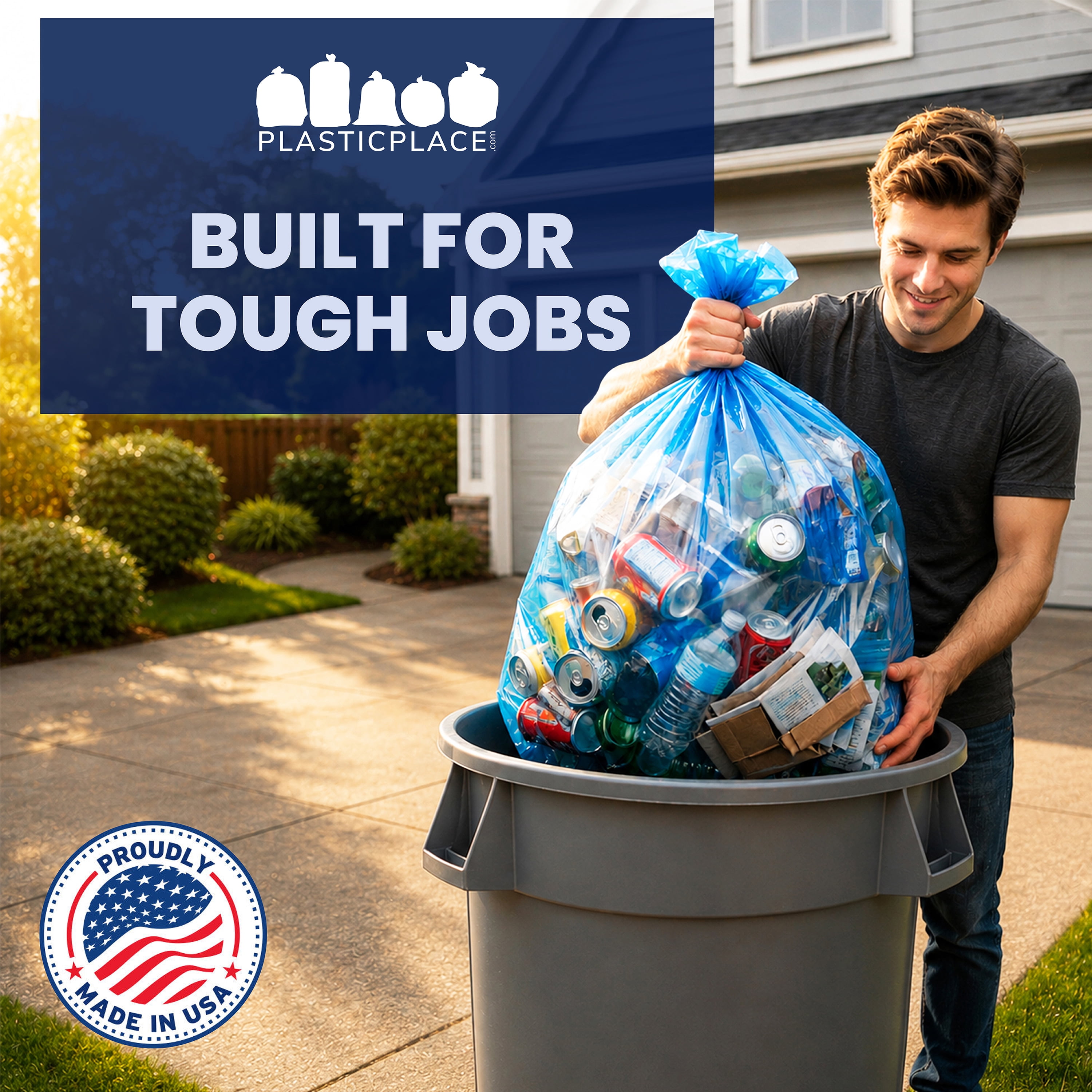 Plasticplace 55-60 Gallon Blue Recycling Trash Bags, 1.2 Mil, 38"x55" Garbage Can Liners, 100 Count