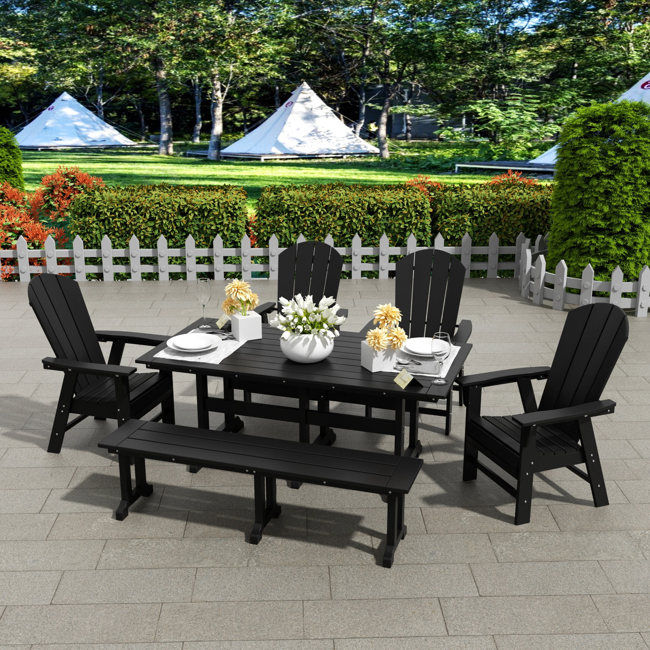 WestinTrends Malibu 6 Piece Adirondack Patio Dining Set with Bench, All Weather Poly Lumber Outdoor Table and Chairs, 71" Trestle Dining Table, 4 Adirondack Chair with Dining Bench, Black